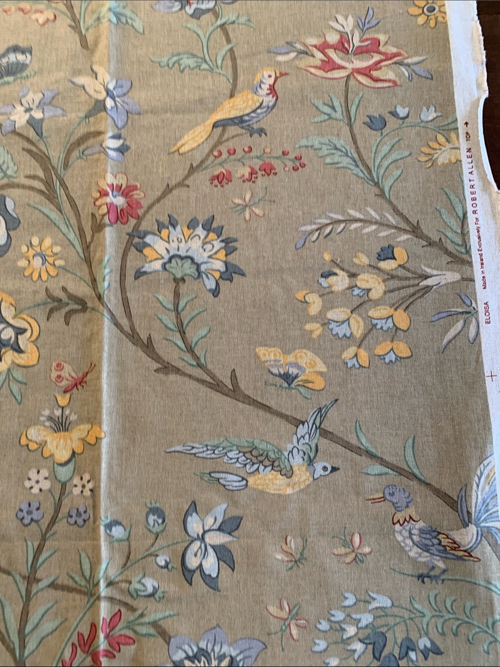 Robert Allen Floral Bird Print Fabric in Taupe with Yellow & Blue Accents